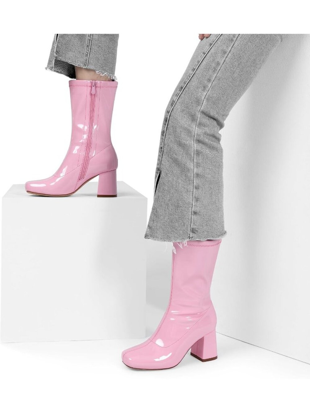 DREAM PAIRS Women's Pink Low Block Heel Zipper Ankle Mid Calf Gogo Boot Shoes - Picture 3 of 6
